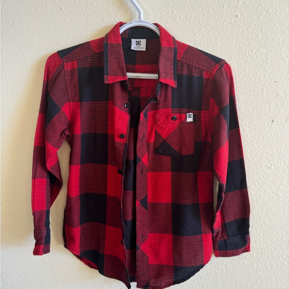 DC plaid checkered flannel button down shirt. Unisex. Youth size 8